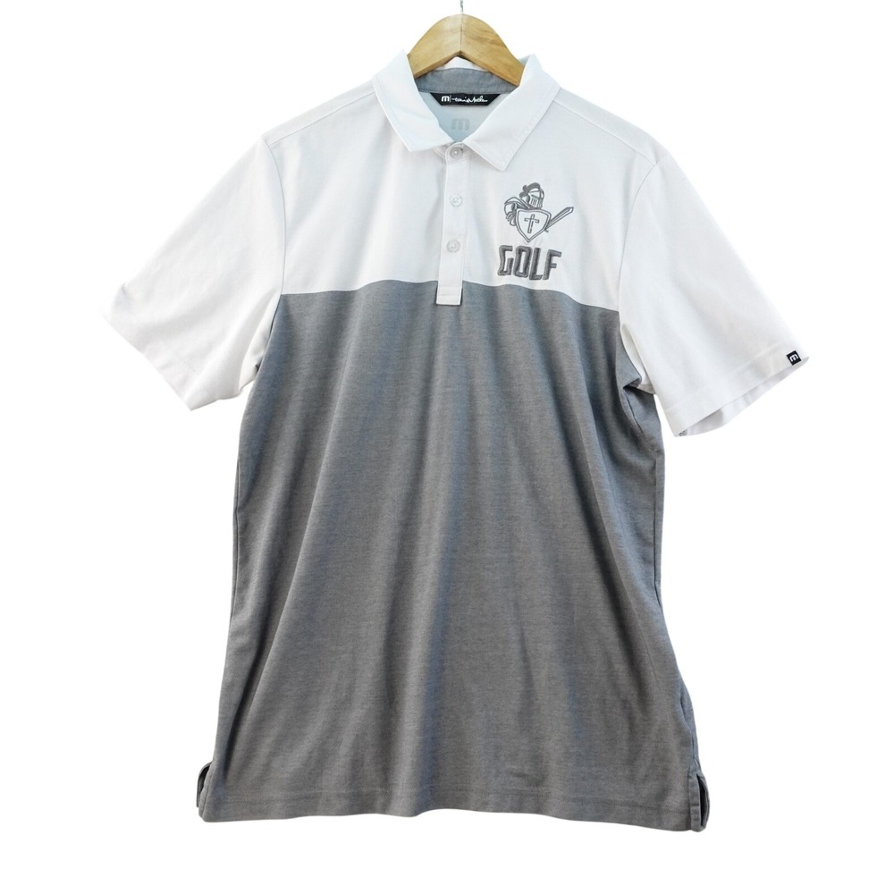 Travis Mathew Golf Polo Shirt Mens L Knight Golf Embroidered‎ White Gray Stretch